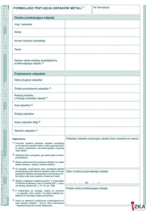 Formularz przyjęcia odpadów metali E03-3 A5 80 stron, MICHALCZYK&PROKOP